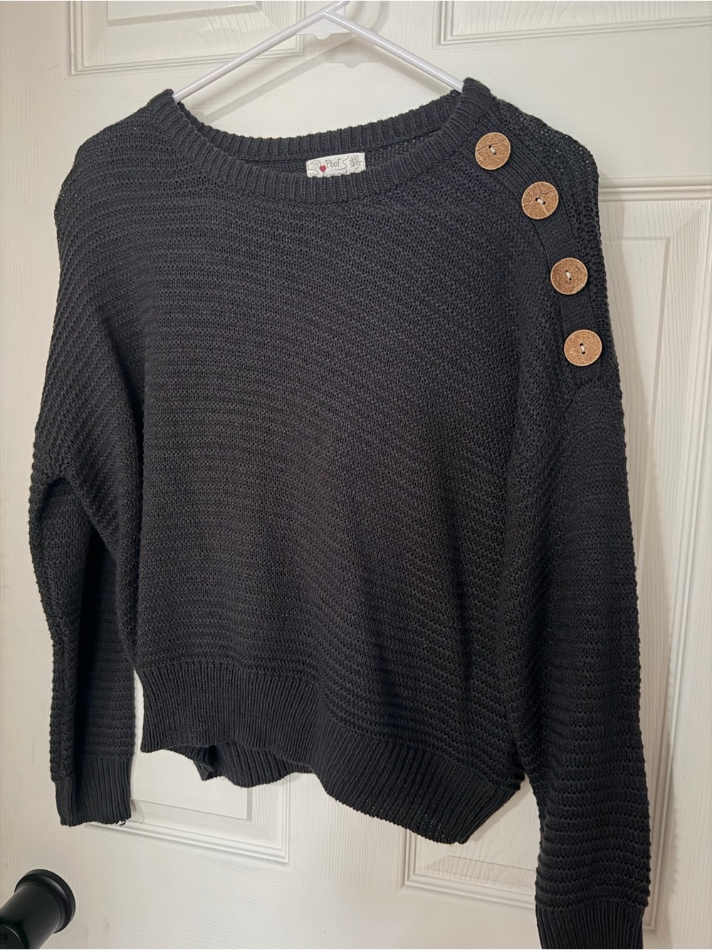 Black Knit Sweater with Decorative Shoulder Buttons